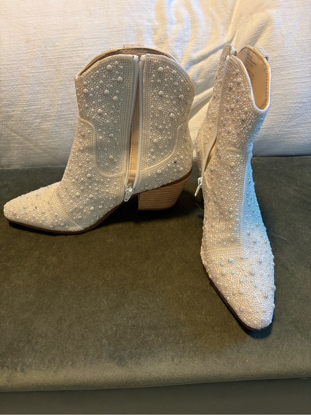 Betsey Johnson Pearl-Embellished Ivory Ankle Booties